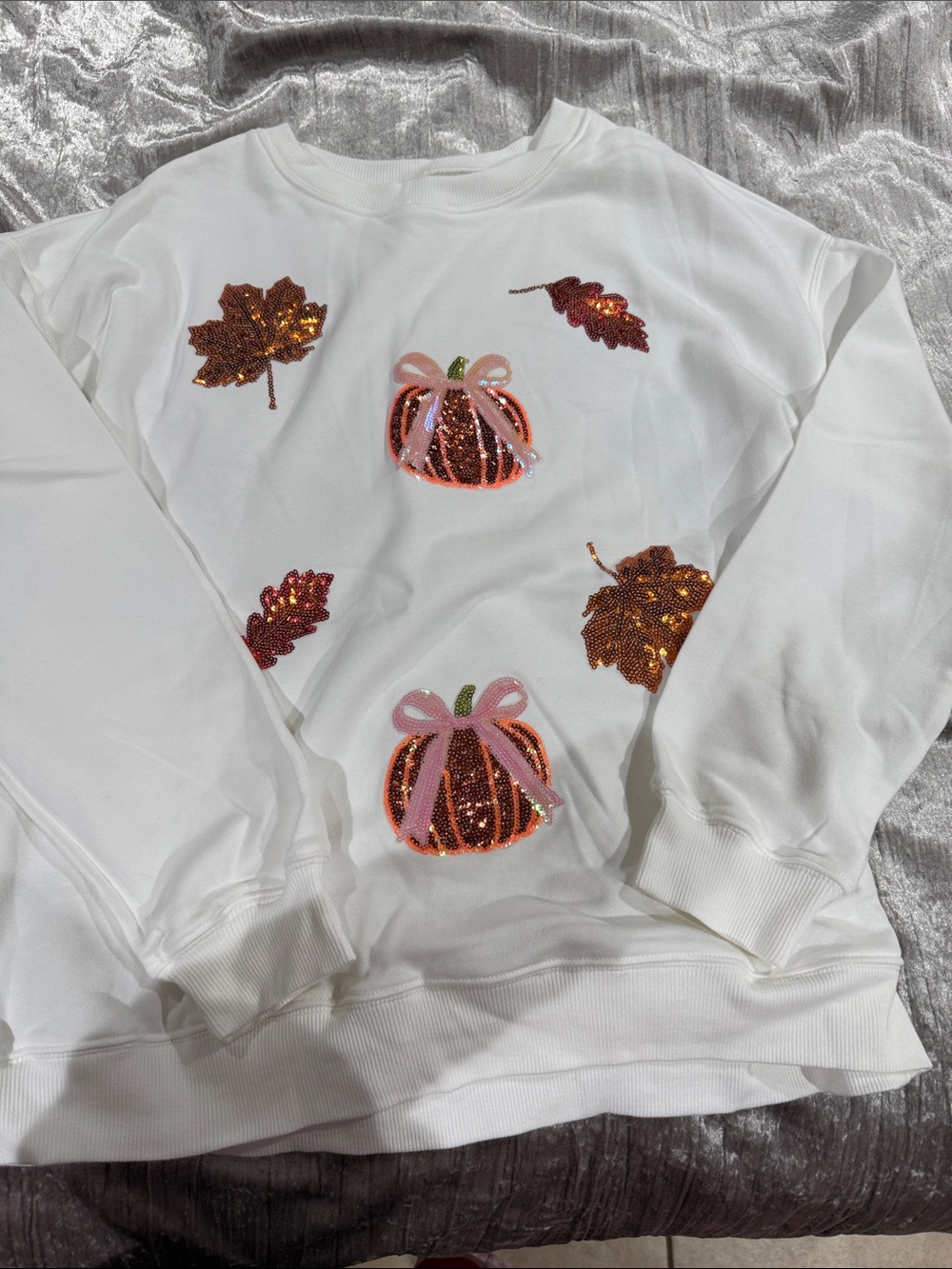White Sequin Pumpkin & Leaf Sweatshirt with Pink Accents